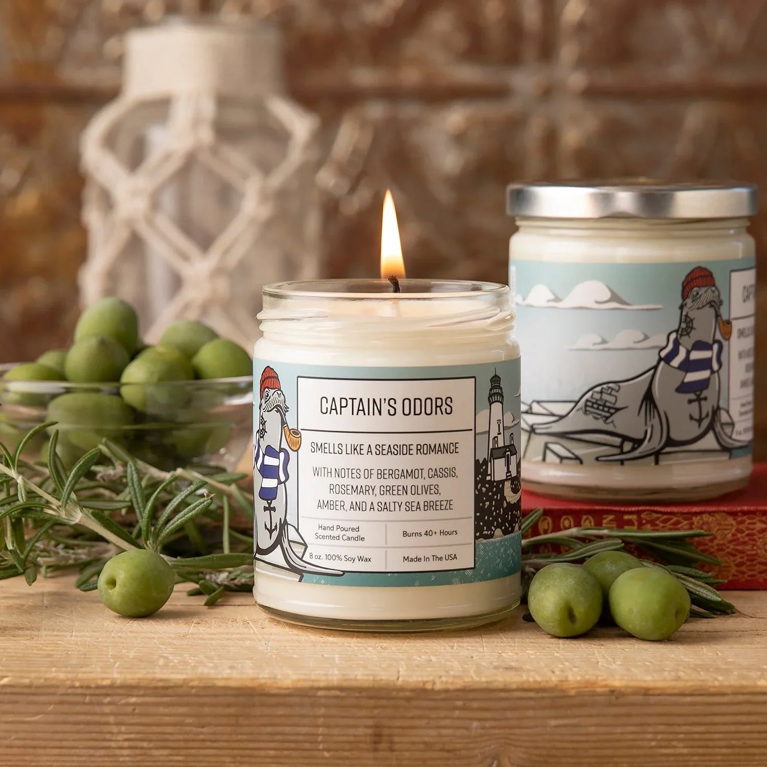 Green Olive Candle With Bergamot & Rosemary - 100Soy Wax, 40+ Hours Burn Time - Soy Candles - Two Little Fruits - Two Little Fruits