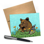 Grizzly Bear Card with California Quail - A2 Blank Inside Greeting Card - Greeting Cards - Two Little Fruits - Two Little Fruits