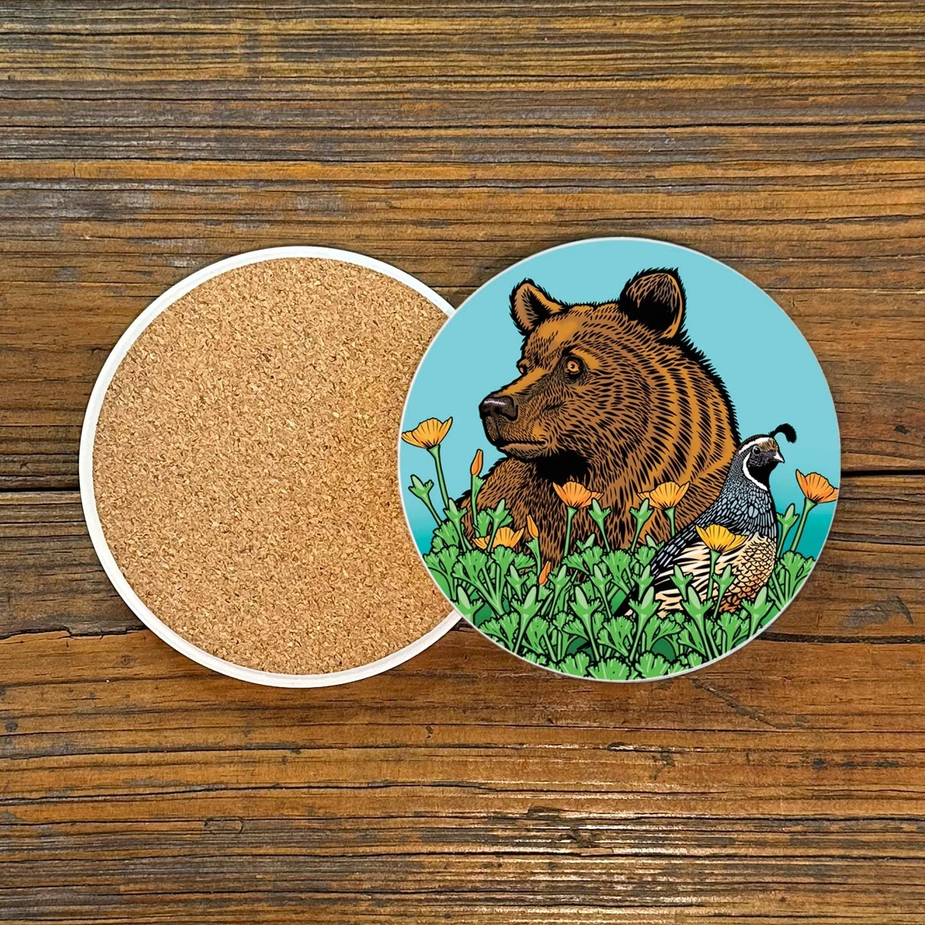 Grizzly Bear Coasters - 4" Ceramic Drink Coasters with Cork Backing