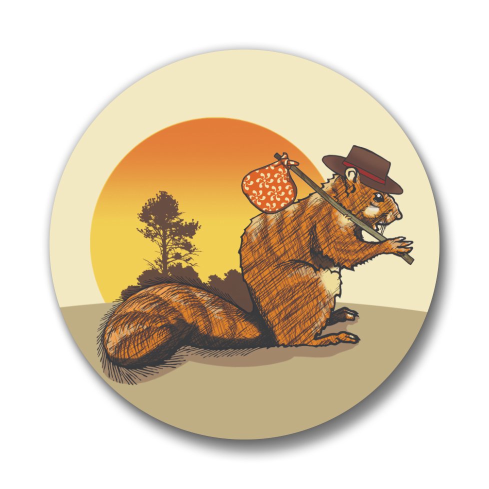 A vibrant image of the Colorado Hobo Squirrel Button Pin showcasing a cute squirrel with a bag on its stick, highlighting the soft-touch matte finish and the iconic Colorado scenery.
