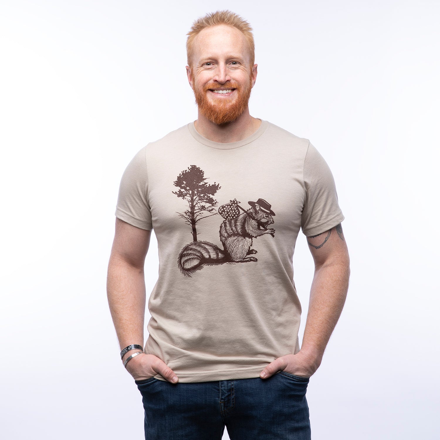 Hobo Squirrel T-Shirt - Eco - Friendly Dark Brown Print on Super - Soft Heather Tan Tee - Tee Shirts - Two Little Fruits - Two Little Fruits