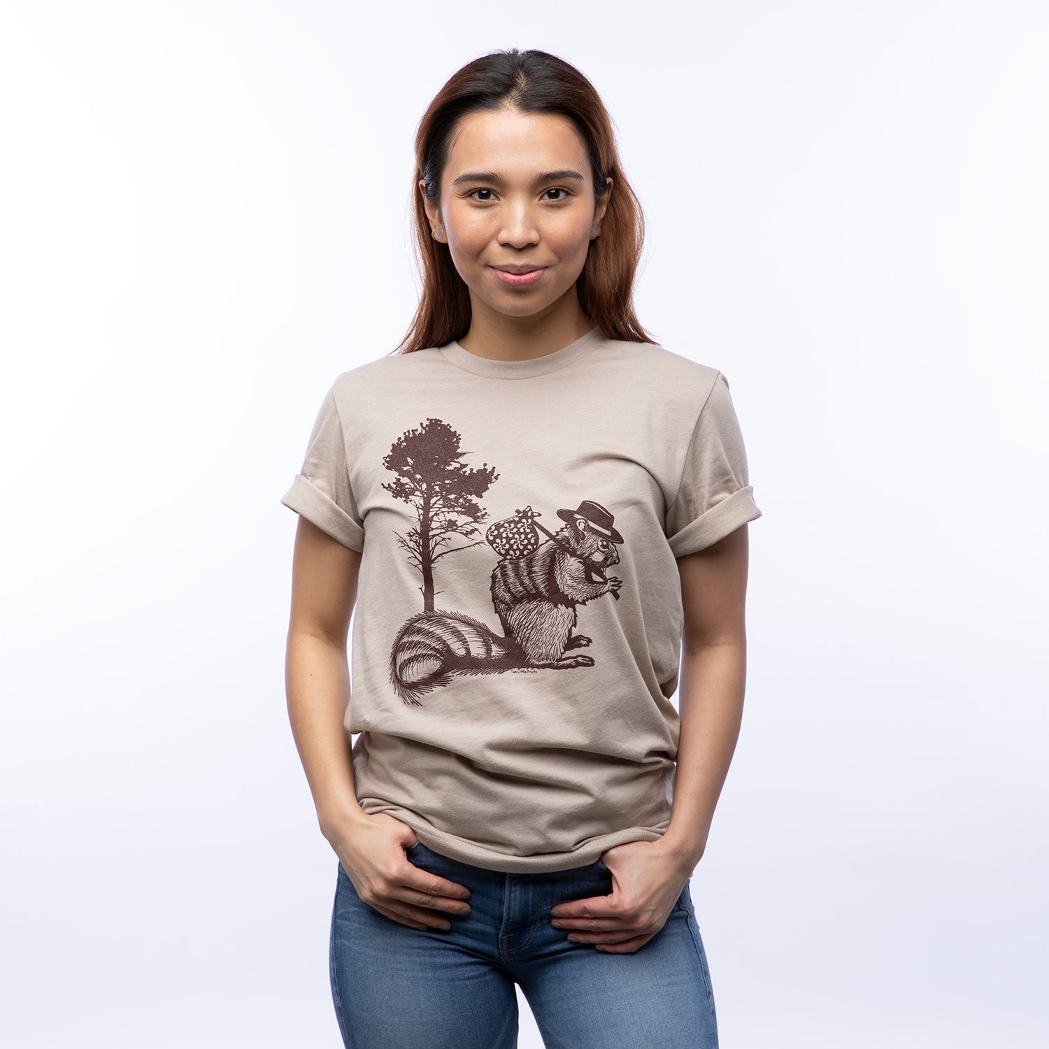 Hobo Squirrel T-Shirt - Eco - Friendly Dark Brown Print on Super - Soft Heather Tan Tee - Tee Shirts - Two Little Fruits - Two Little Fruits