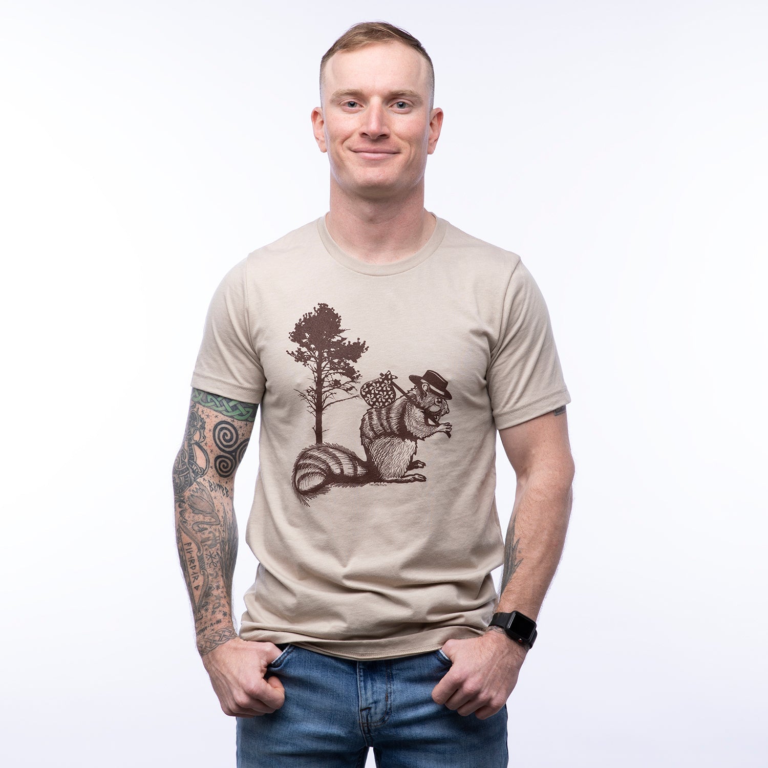Hobo Squirrel T-Shirt - Eco - Friendly Dark Brown Print on Super - Soft Heather Tan Tee - Tee Shirts - Two Little Fruits - Two Little Fruits