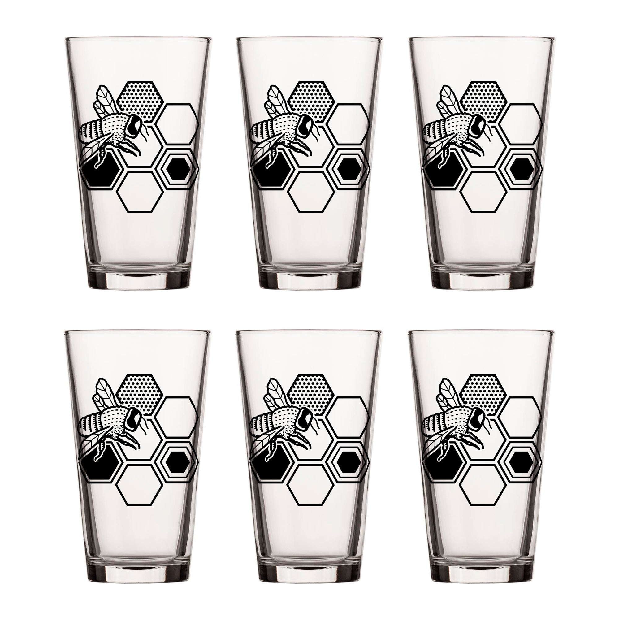Set of bee beer glasses arranged in a stylish display, showcasing their artistic bee and honeycomb graphics.