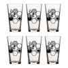 Set of bee beer glasses arranged in a stylish display, showcasing their artistic bee and honeycomb graphics.