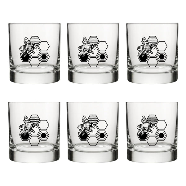 Honeybee Whiskey Glass - 10 Oz Rocks Glass with Vibrant Bee & Honeycomb Design - Rocks Glass - Two Little Fruits - Two Little Fruits