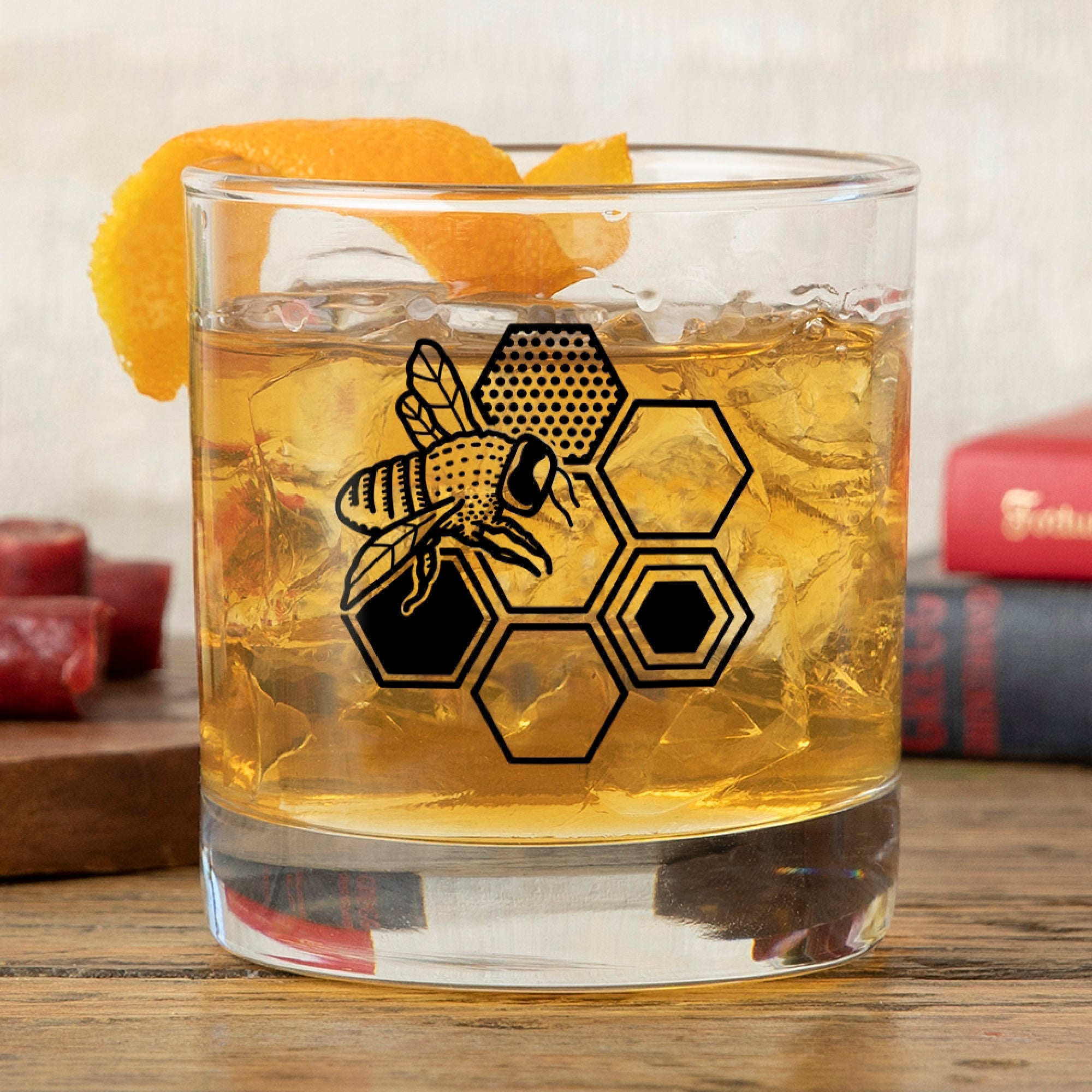 Honeybee Whiskey Glass - 10 Oz Rocks Glass with Vibrant Bee & Honeycomb Design - Rocks Glass - Two Little Fruits - Two Little Fruits