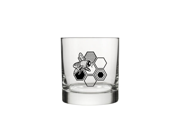 Honeybee Whiskey Glass - 10 Oz Rocks Glass with Vibrant Bee & Honeycomb Design - Rocks Glass - Two Little Fruits - Two Little Fruits