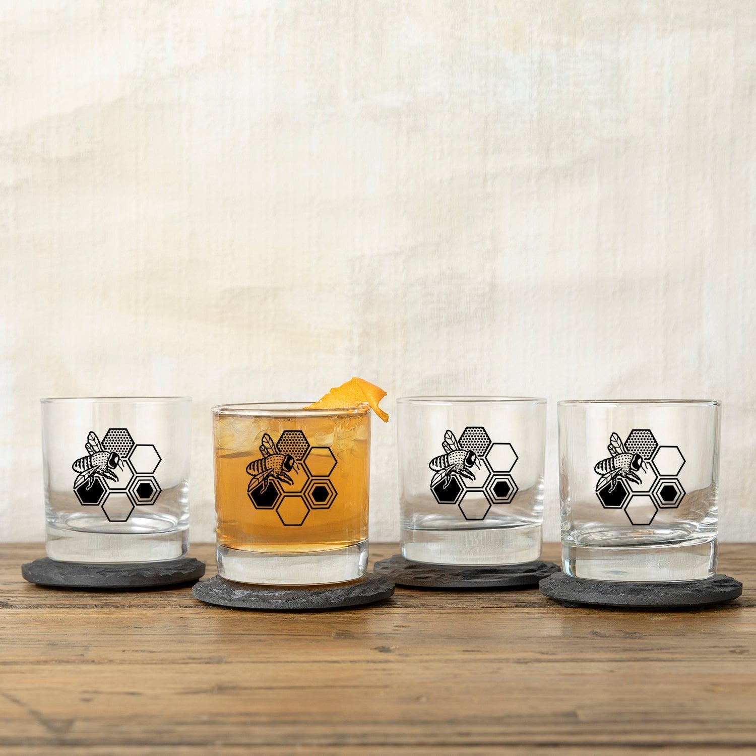 Honeybee Whiskey Glass - 10 Oz Rocks Glass with Vibrant Bee & Honeycomb Design - Rocks Glass - Two Little Fruits - Two Little Fruits