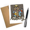 Howdy Bear Blank Greeting Card featuring a cheerful bear in a cowboy hat holding a beer, designed as a cute animal greeting card.