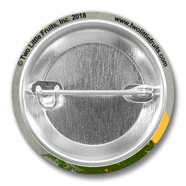 Back view of a funny button pin, showcasing the pin back mechanism with logo details, highlighting the high-quality craftsmanship.