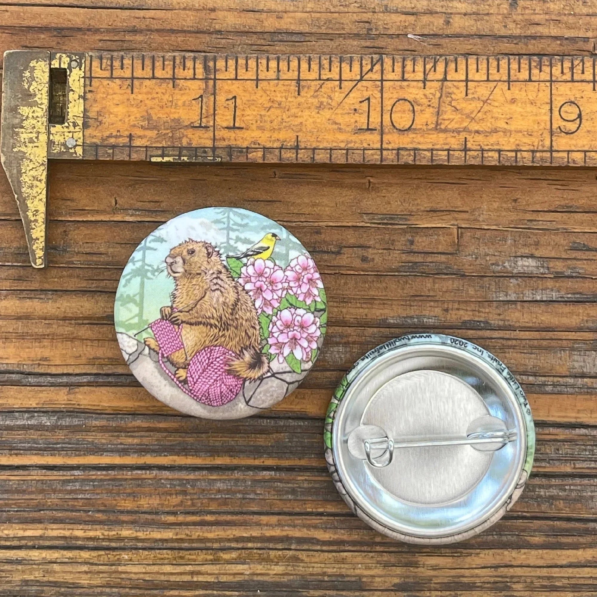 Knitting illustrated button pin by Two Little Fruits