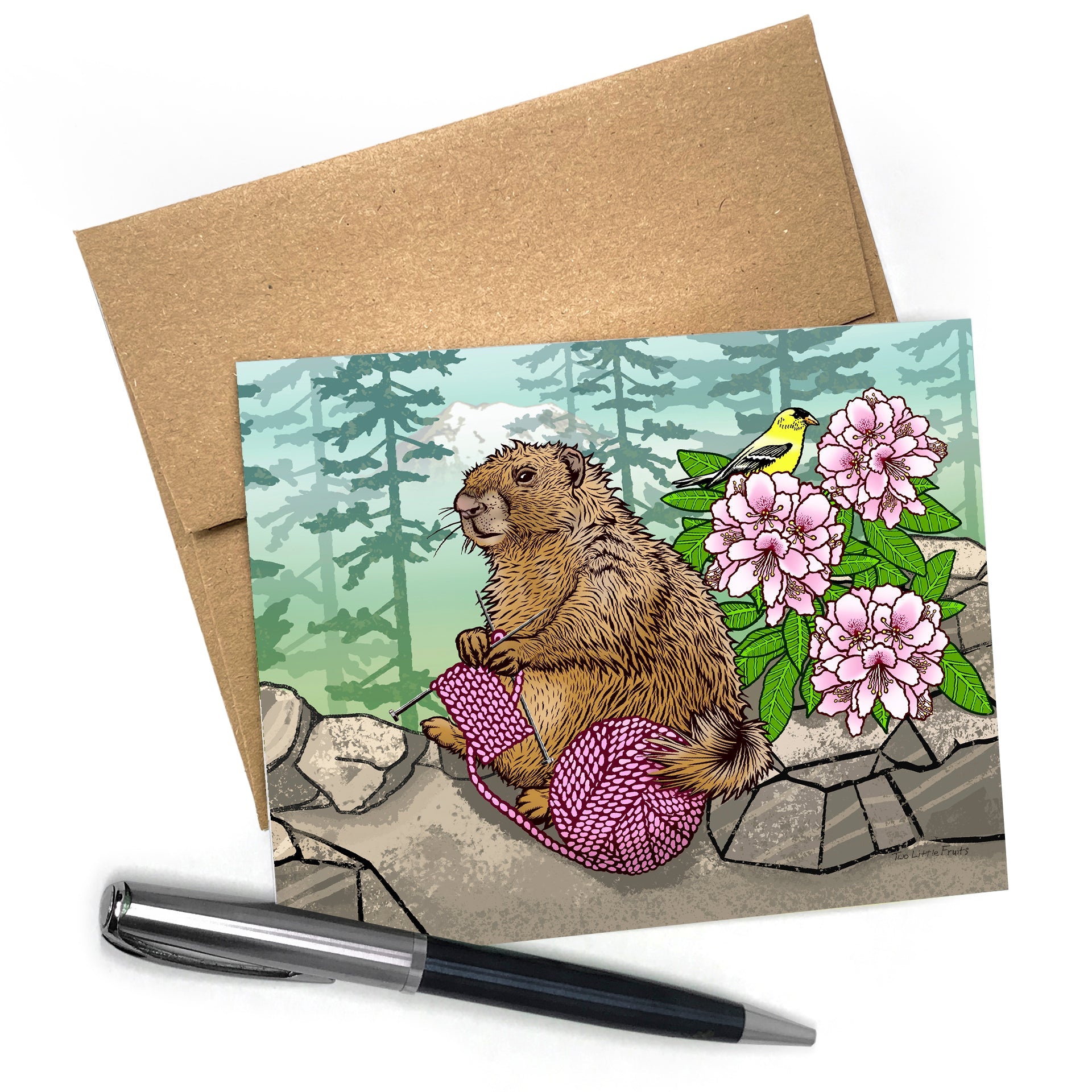 Knitting Marmot Greeting Card - Two Little Fruits