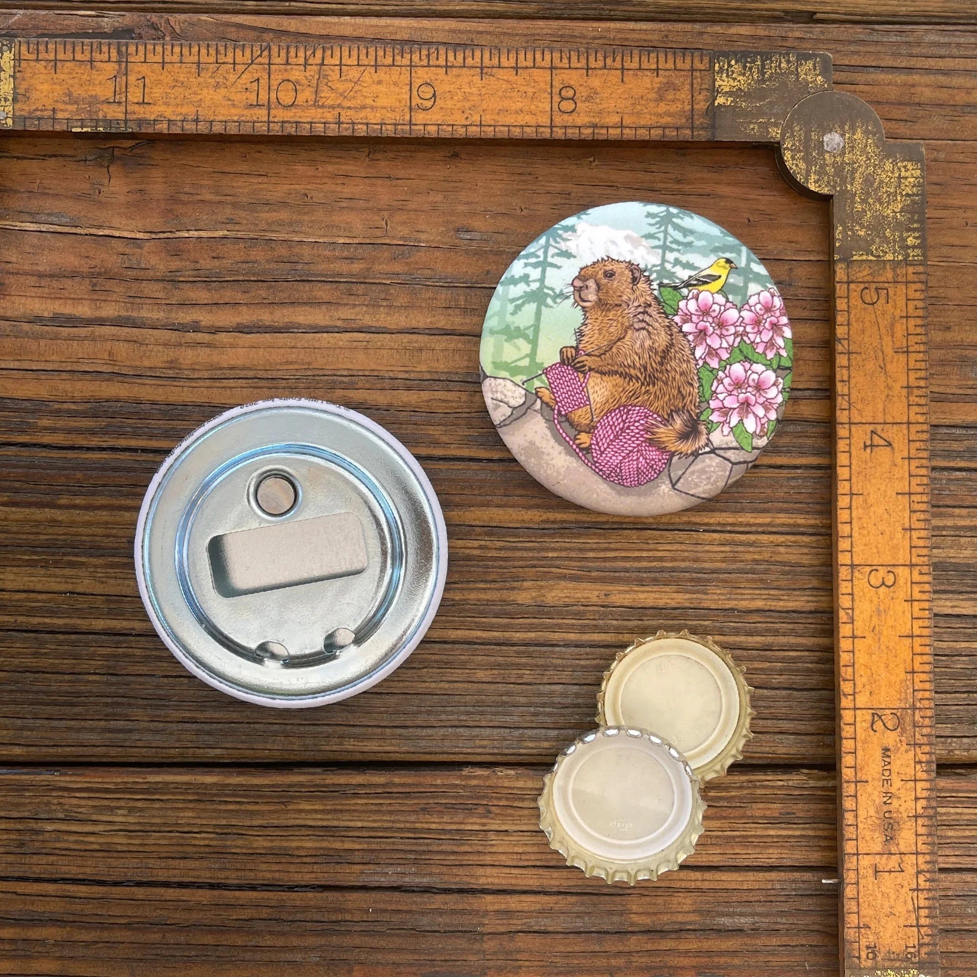 Knitting Marmot illustrated magnetic bottle opener by Two Little Fruits