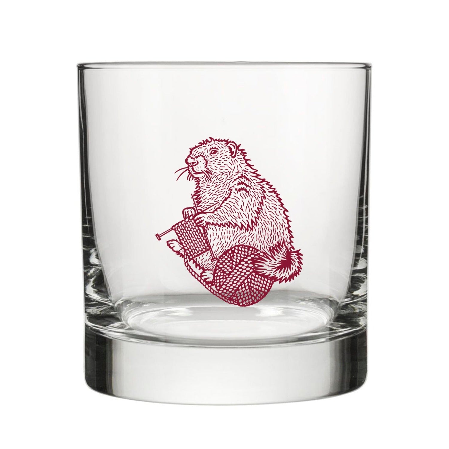 Knitting rocks glass elegantly displayed, highlighting its unique mauve background and durable construction.