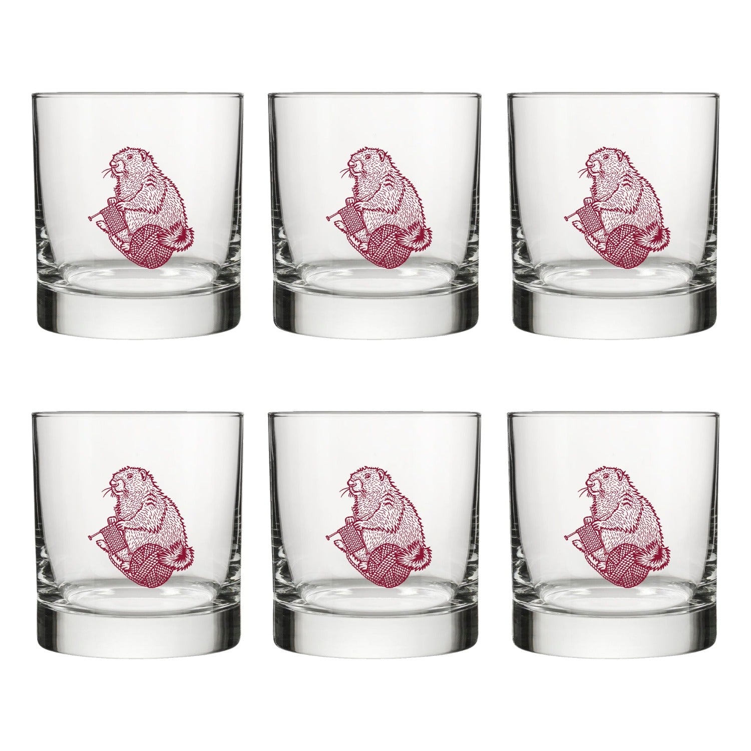 Group of knitting rocks glasses featuring the charming mauve marmot design, perfect for gatherings and gifts.