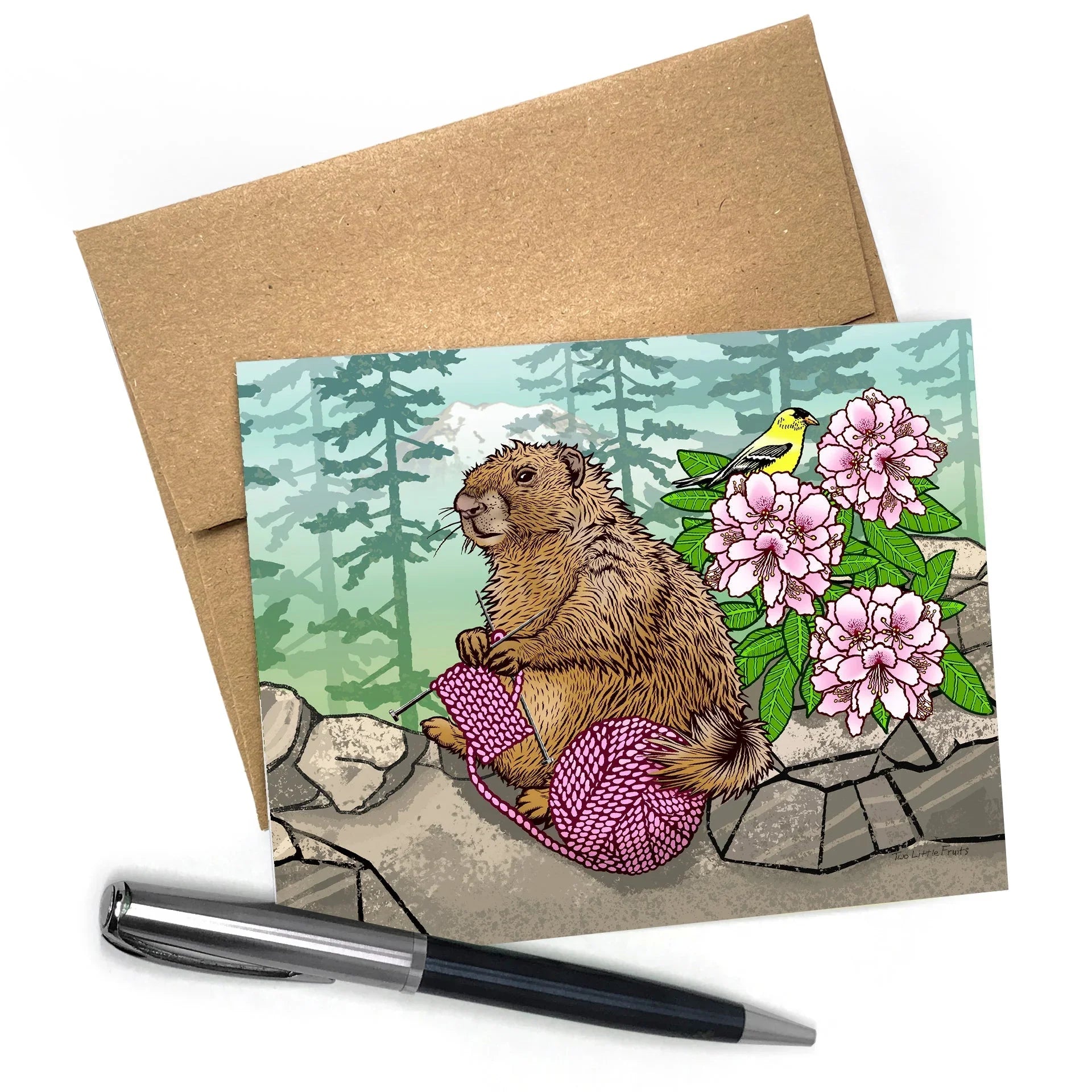 Knitting Themed Cards - Marmot and Rhododendron Blank A2 Greeting Card - Greeting Cards - Two Little Fruits - Two Little Fruits
