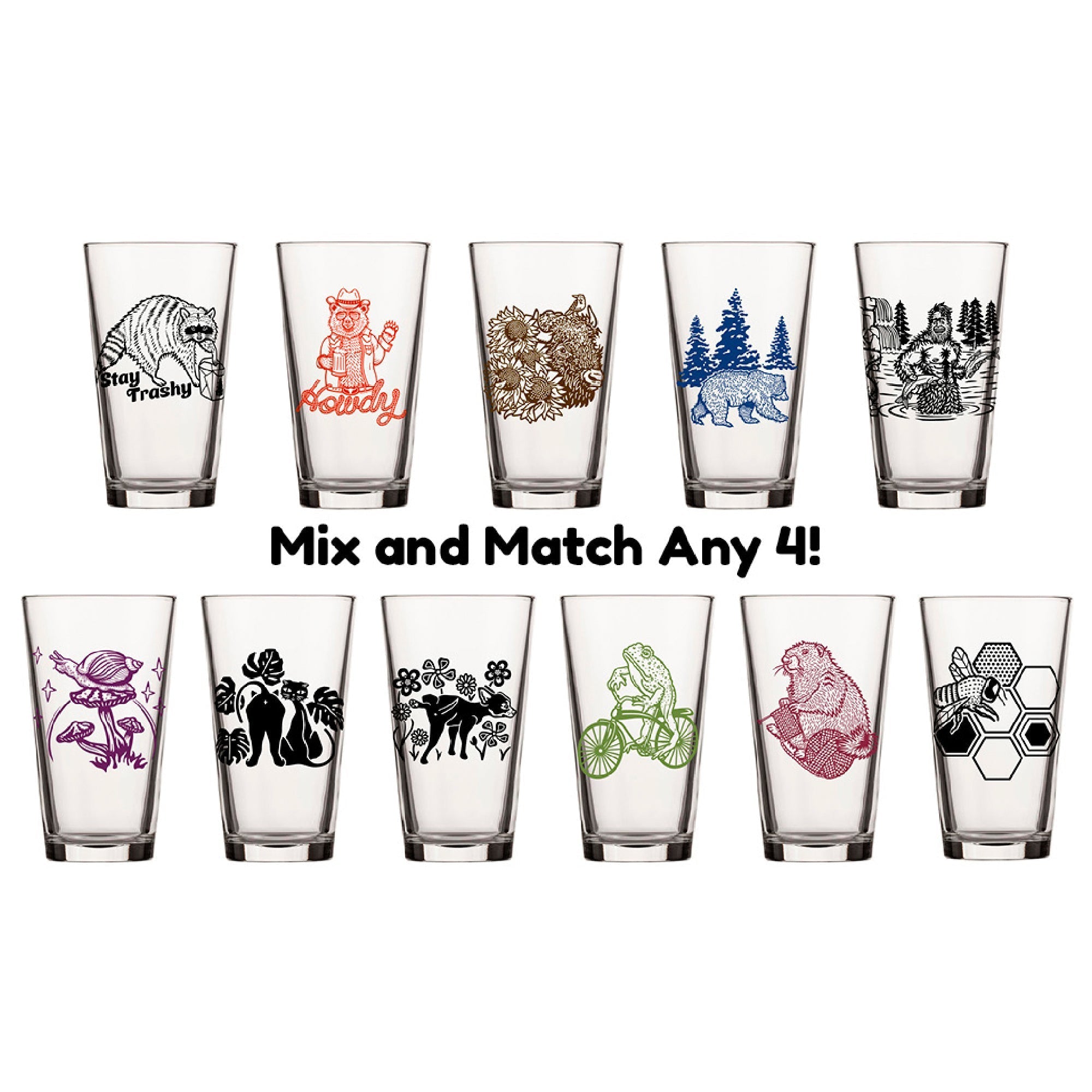 Mix And Match 4 Unique Beer Glasses Gift Set | 16 Oz Pints Glasses - Pint Glass - Two Little Fruits - Two Little Fruits