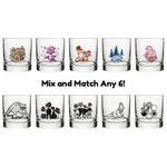 Mix and Match Your Own 6 Unique Whiskey Glass Set showcasing ten different glass designs adorned with whimsical illustrations, perfect for personalizing your drinking experience.