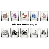 Mix and Match Your Own 6 Unique Whiskey Glass Set showcasing ten different glass designs adorned with whimsical illustrations, perfect for personalizing your drinking experience.