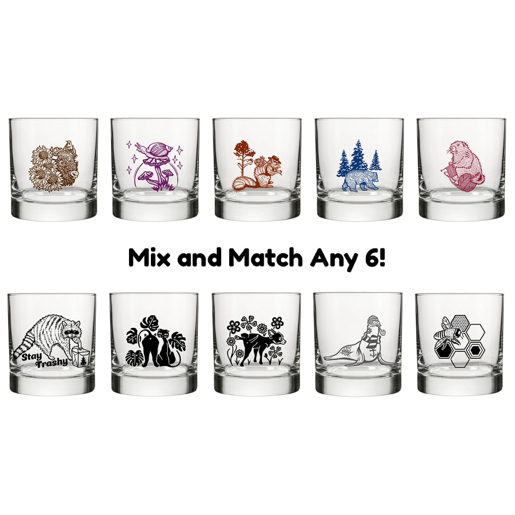 Mix and Match Your Own 6 Unique Whiskey Glass Set showcasing ten different glass designs adorned with whimsical illustrations, perfect for personalizing your drinking experience.