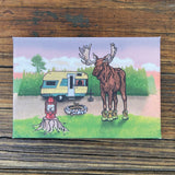 Moose In Boots Fridge Magnet featuring a playful moose standing by a camper, perfect for adding fun to your kitchen with moose themed decor.