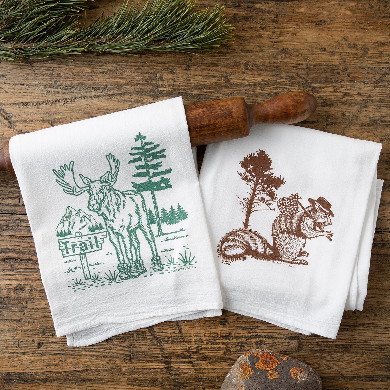 Moose In Boots & Hobo Squirrel Animal Themed Tea Towels Set - 100% Cotton, Eco - Friendly Design - Tea Towels - Two Little Fruits - Two Little Fruits