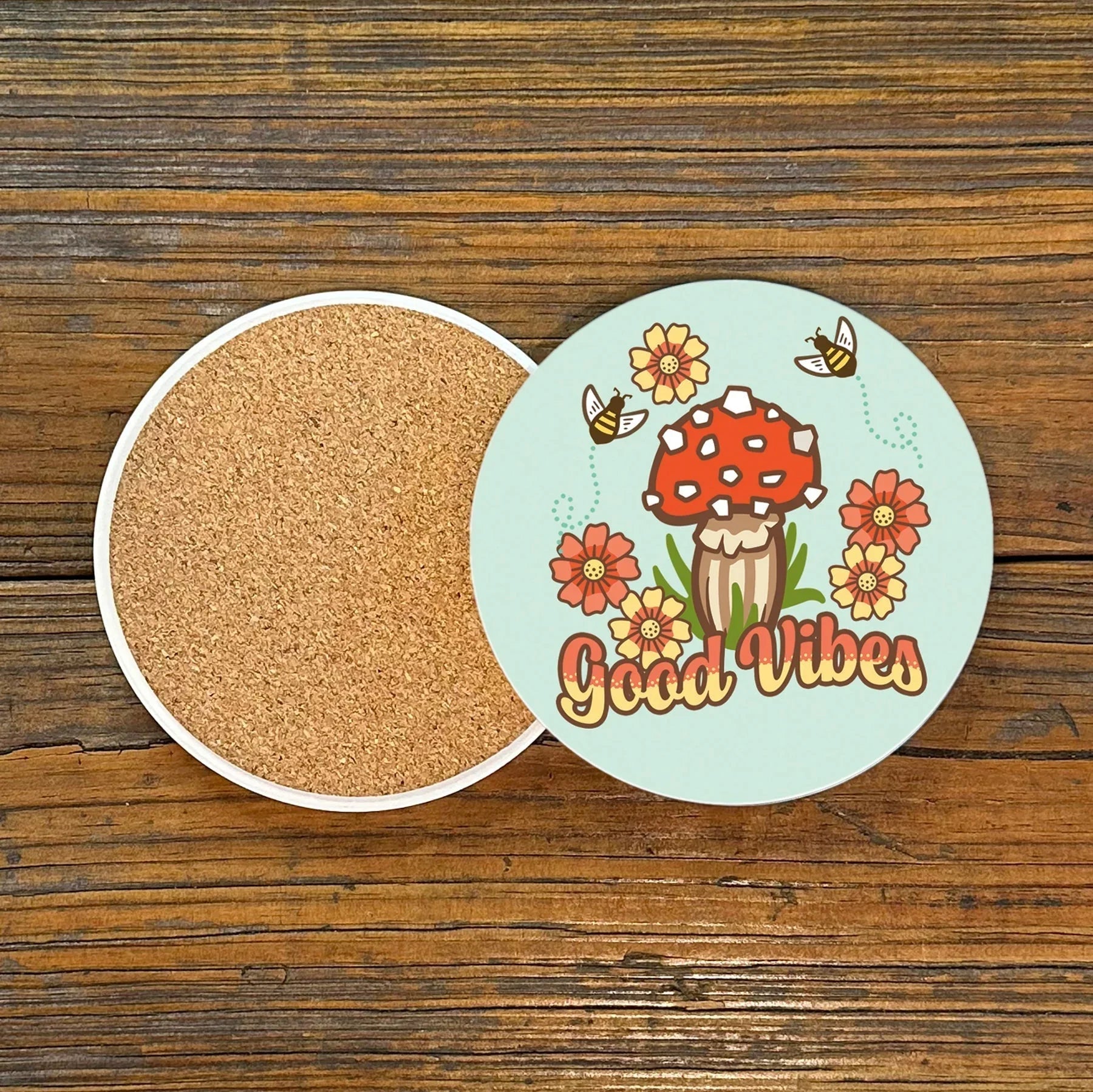 Good Vibes Mushroom Drink Coaster - Colorful 4" Ceramic Coaster with Cork Backing, Set of 4 Available