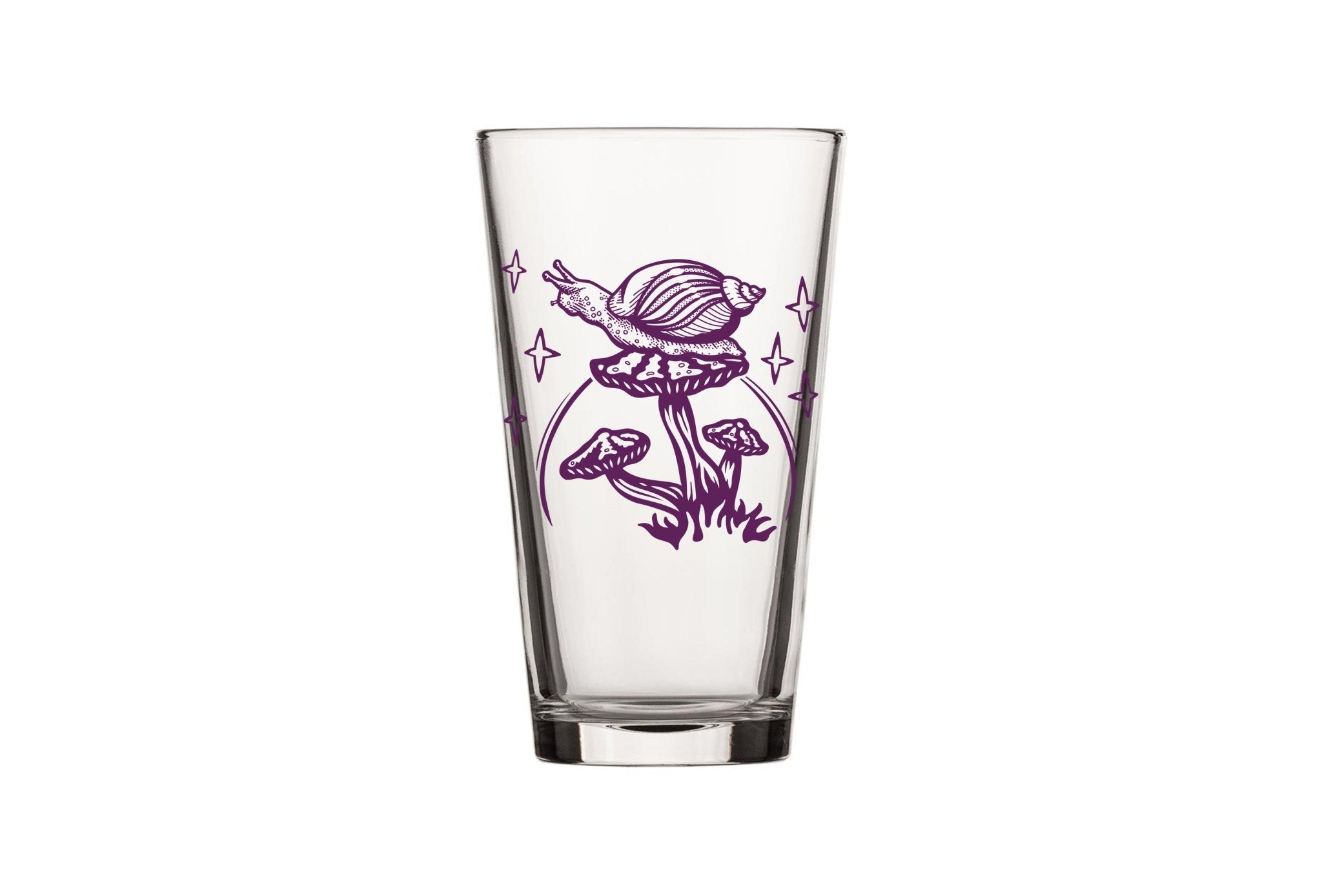 Stylish mushroom pint glass showcasing a purple snail and mushroom illustration, perfect for enhancing your drinkware collection.