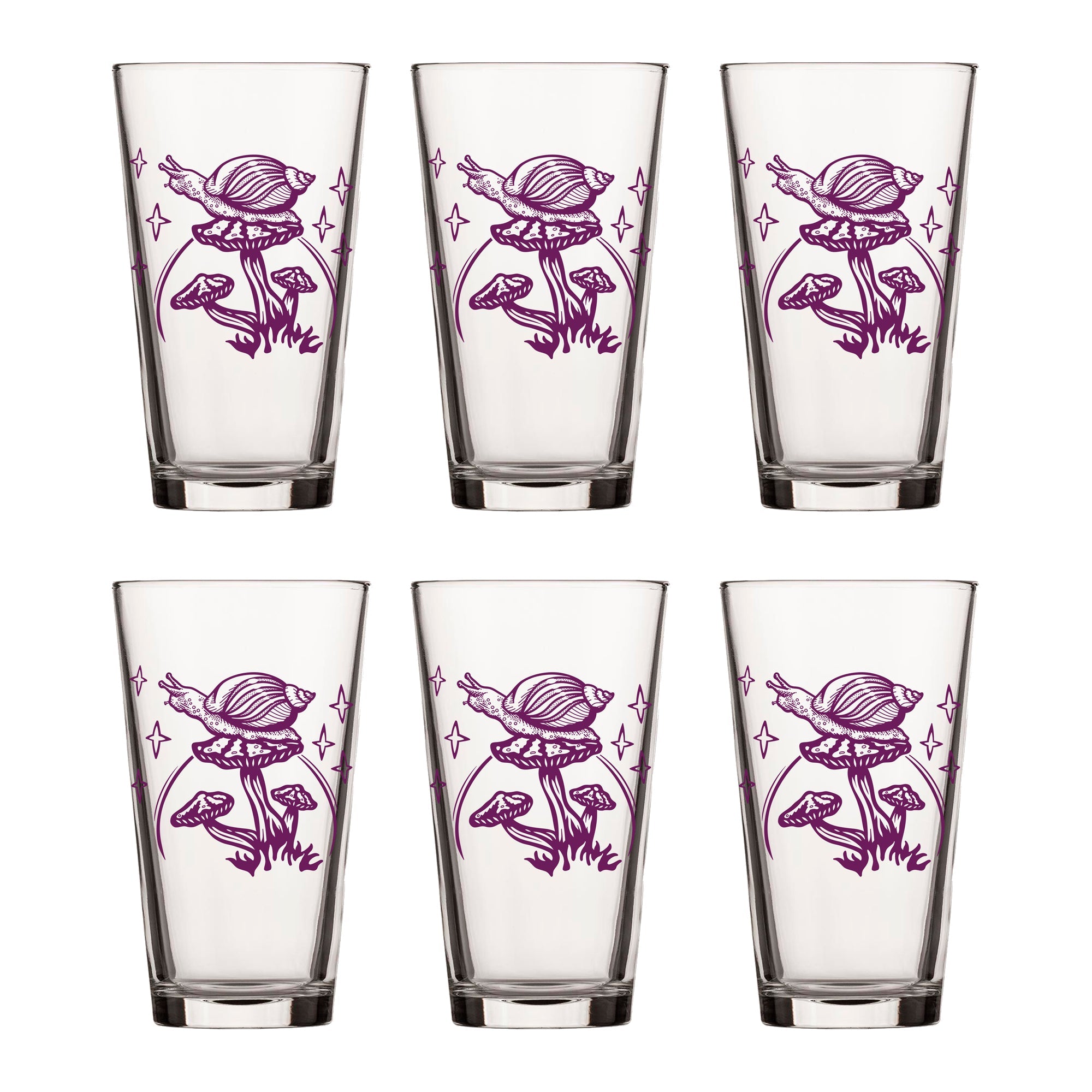 Six pack of mushroom pint glasses, beautifully designed with a purple snail and mushroom print, excellent for entertaining friends or family.