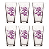 Six pack of mushroom pint glasses, beautifully designed with a purple snail and mushroom print, excellent for entertaining friends or family.