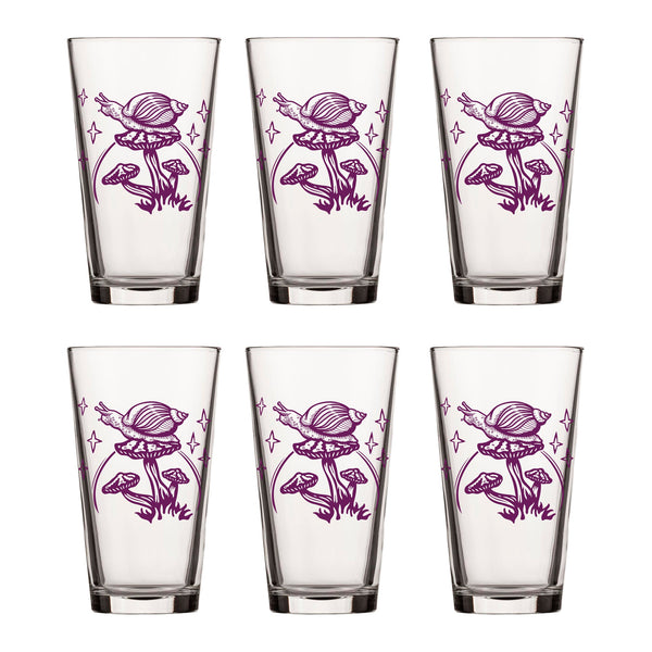 Six pack of mushroom pint glasses, beautifully designed with a purple snail and mushroom print, excellent for entertaining friends or family.
