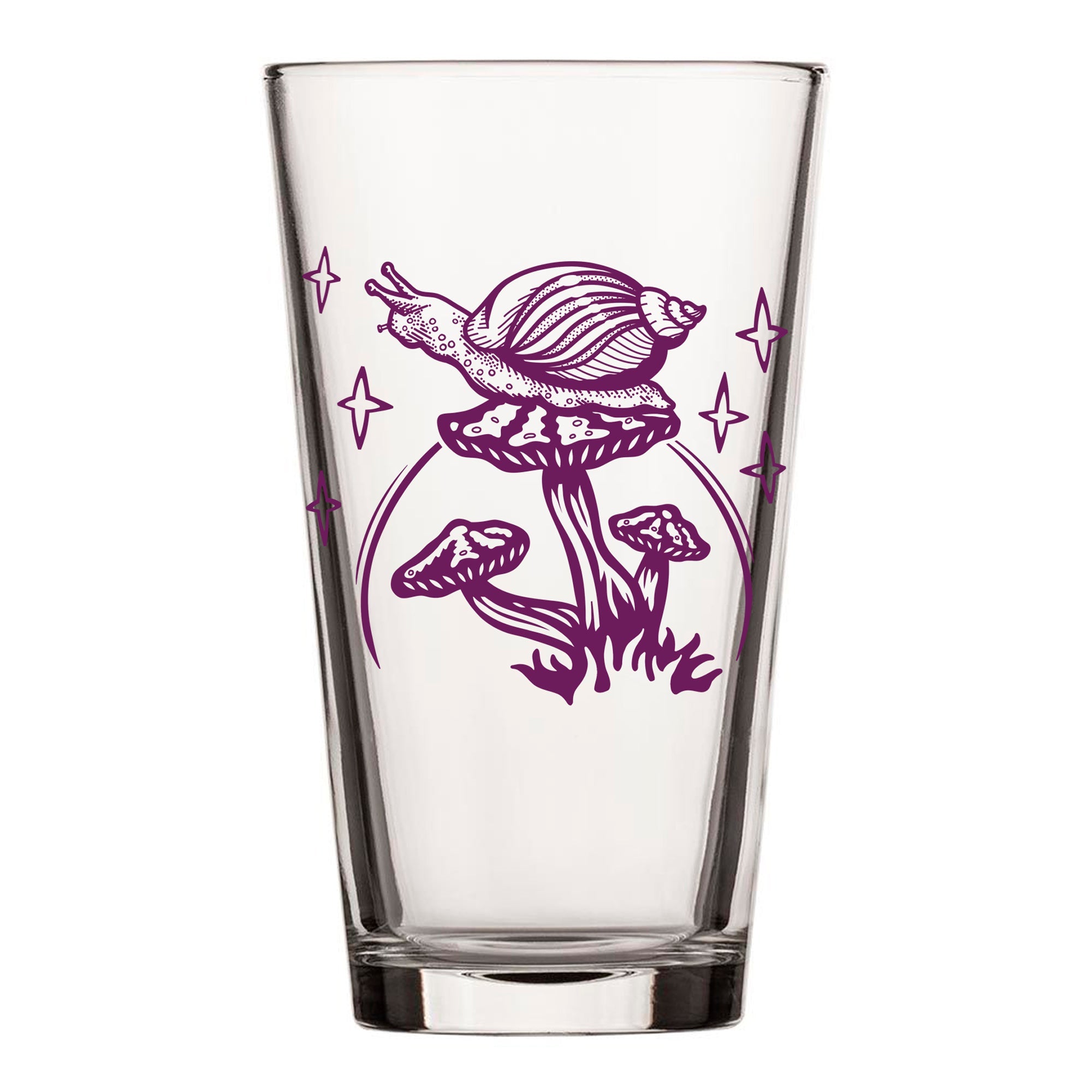A clear mushroom pint glass featuring vibrant artwork of a purple snail atop a mushroom, ready for your favorite refreshing beverages.