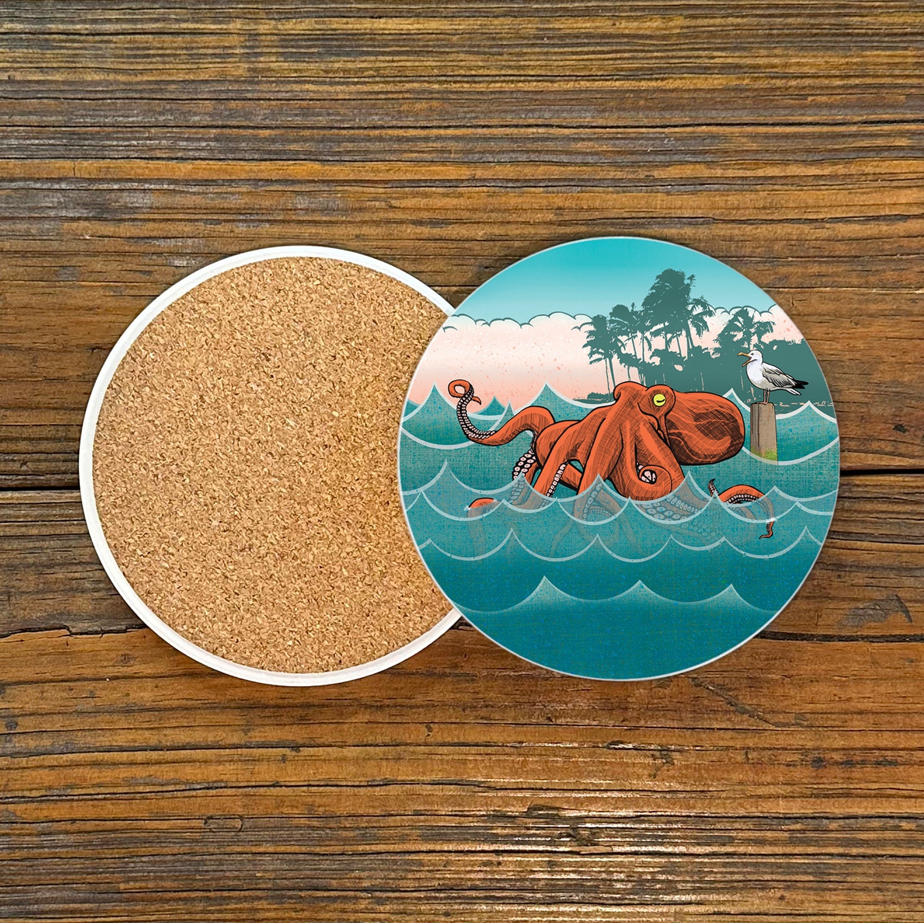 Octopus Drink Coaster showcasing a playful octopus and seagull by the shore, ideal for bringing personality to your space with colorful drink coasters.