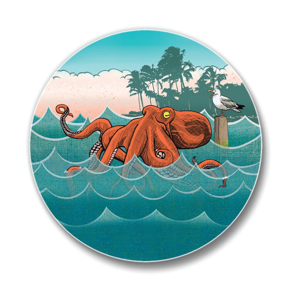 Octopus Drink Coaster displaying a charming octopus amidst ocean waves, a delightful choice for those who love colorful drink coasters.