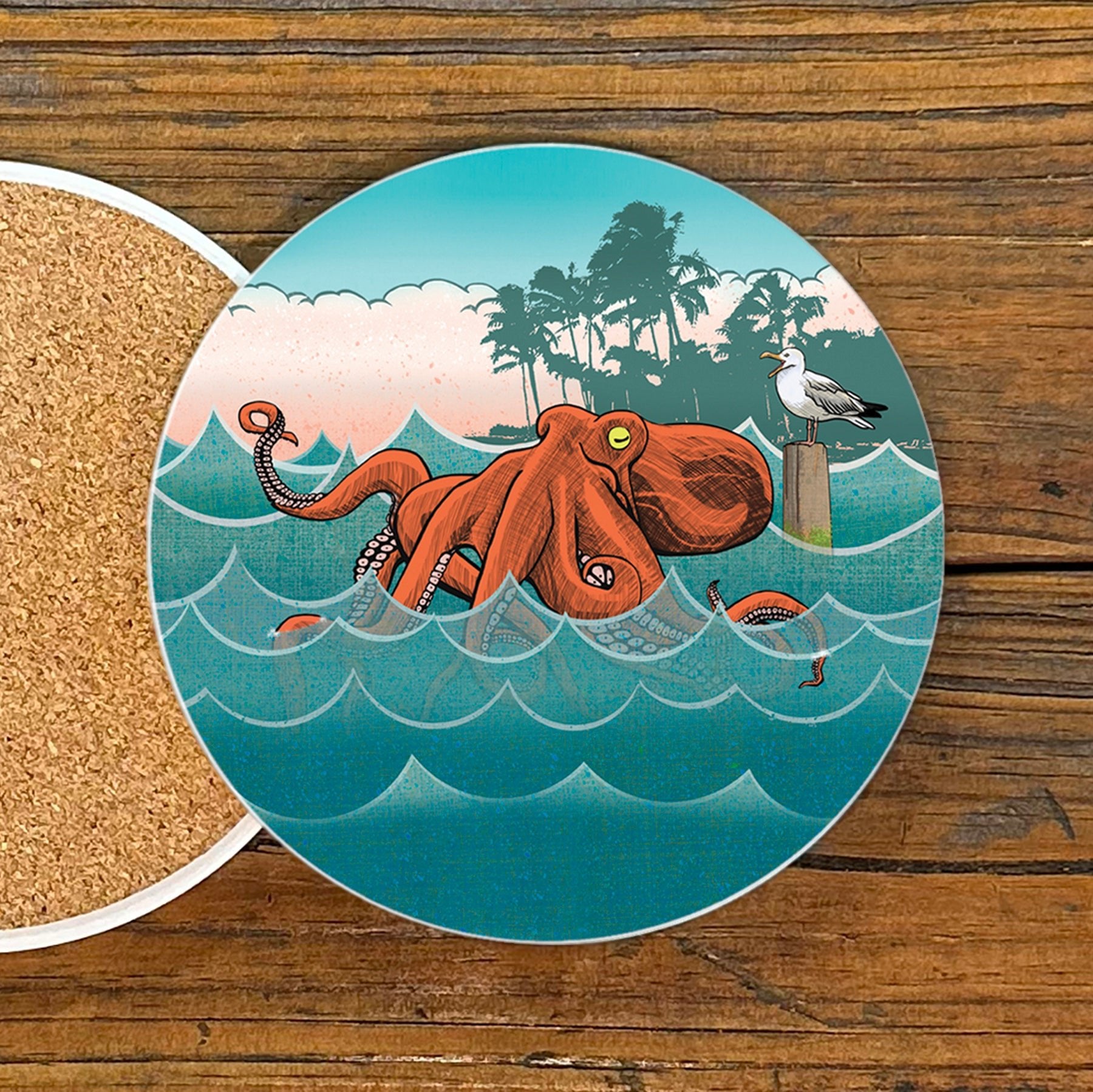 Octopus Drink Coaster featuring a vibrant octopus in waves against a tropical backdrop, perfect for adding flair to your table with colorful drink coasters.