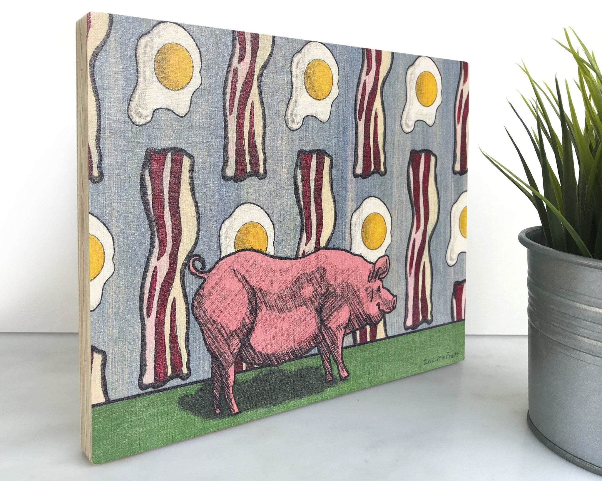 Pig and Bacon 8x10 Wood Art Block - Art On Wood - Two Little Fruits - Two Little Fruits