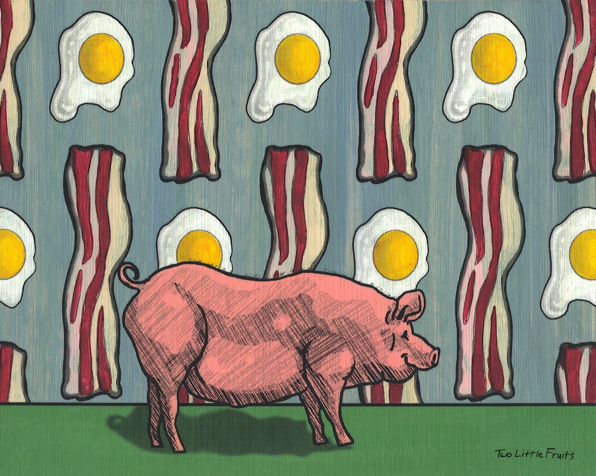 Close-up of Pig and Bacon Art Print highlighting a stylized pink pig against a playful pattern of bacon strips and sunny-side-up eggs, ideal for a whimsical kitchen or dining space.