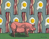 Close-up of Pig and Bacon Art Print highlighting a stylized pink pig against a playful pattern of bacon strips and sunny-side-up eggs, ideal for a whimsical kitchen or dining space.