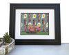Framed Pig and Bacon Art Print featuring a pink pig standing on green grass, surrounded by a background of bacon strips and fried eggs, perfectly styled for kitchen decor.