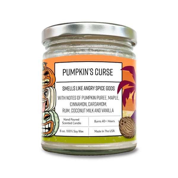 Pumpkin Spice Scented Soy Candle by Two Little Fruits, featuring the label 'Pumpkin's Curse'. The candle displays the charming design and scent notes, ideal for creating a cozy atmosphere with pumpkin spice candles.