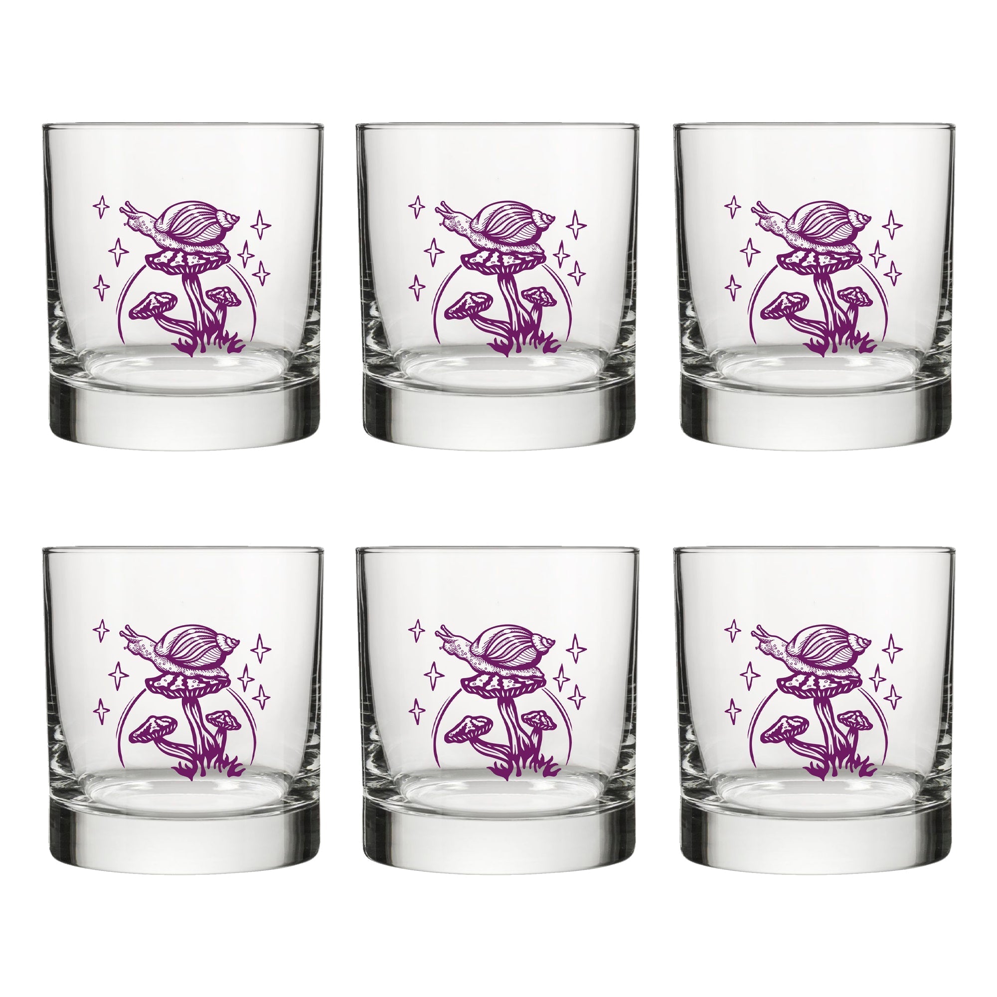 Purple Mushroom Rocks Glass Design, Snail Illustration - Rocks Glass - Two Little Fruits - Two Little Fruits
