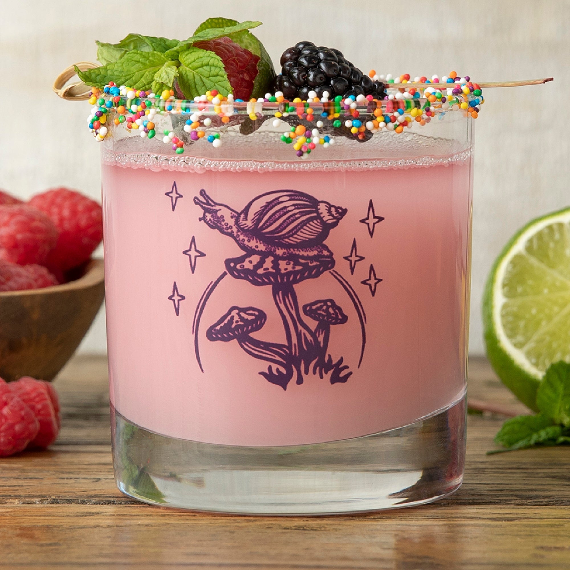 Purple Mushroom Rocks Glass Design, Snail Illustration - Rocks Glass - Two Little Fruits - Two Little Fruits