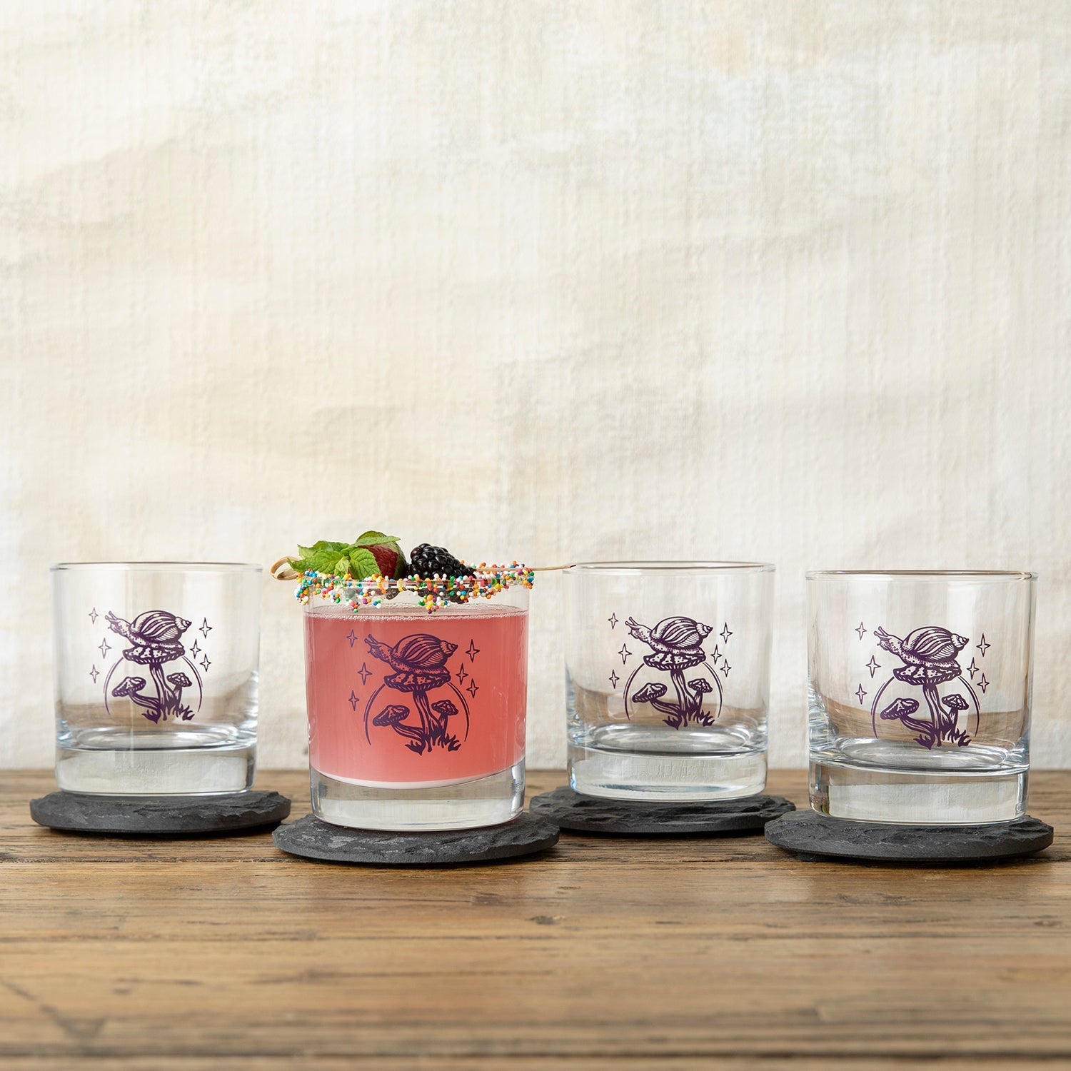 Purple Mushroom Rocks Glass Design, Snail Illustration - Rocks Glass - Two Little Fruits - Two Little Fruits