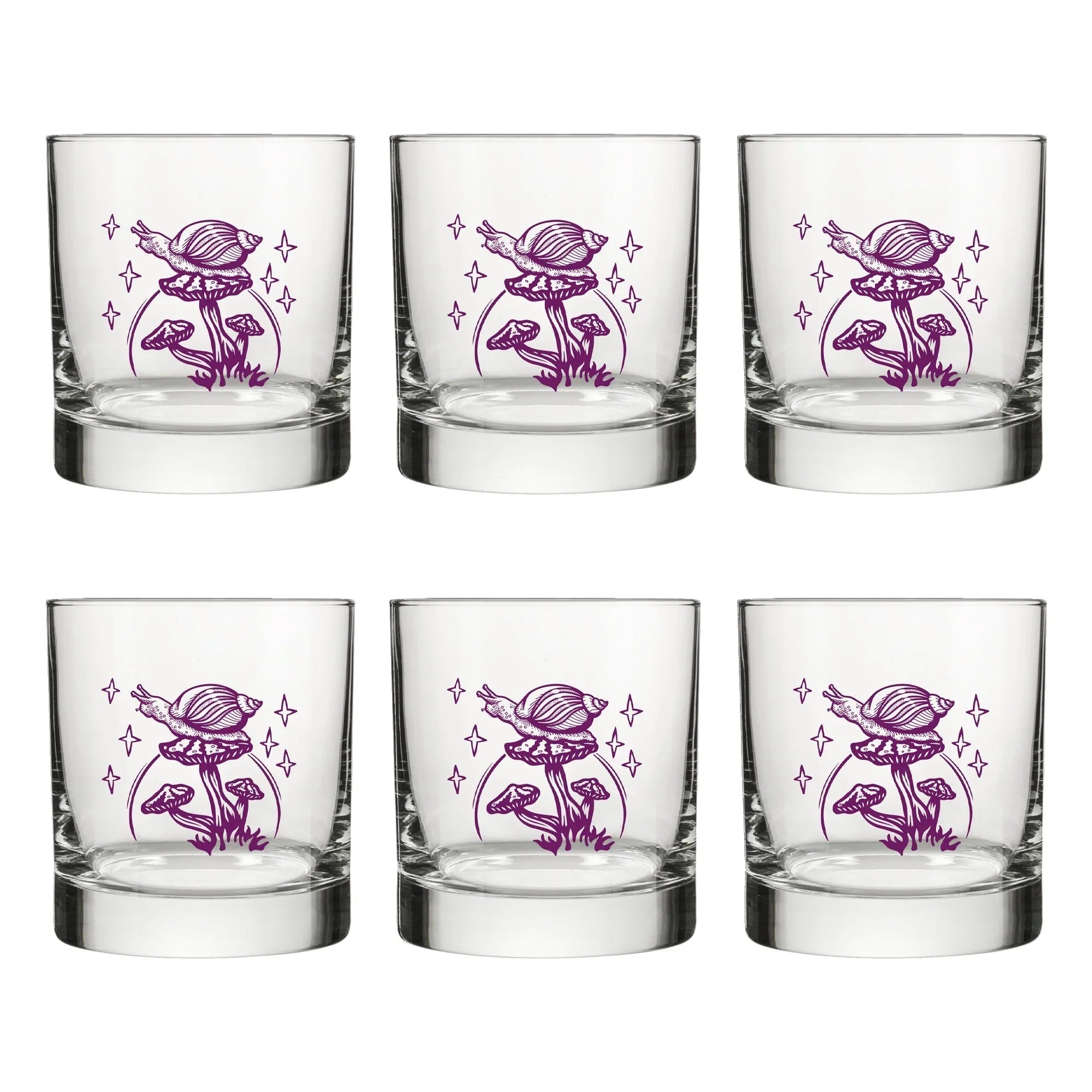Purple Mushroom Rocks Glass Design, Snail Illustration - Rocks Glass - Two Little Fruits - Two Little Fruits