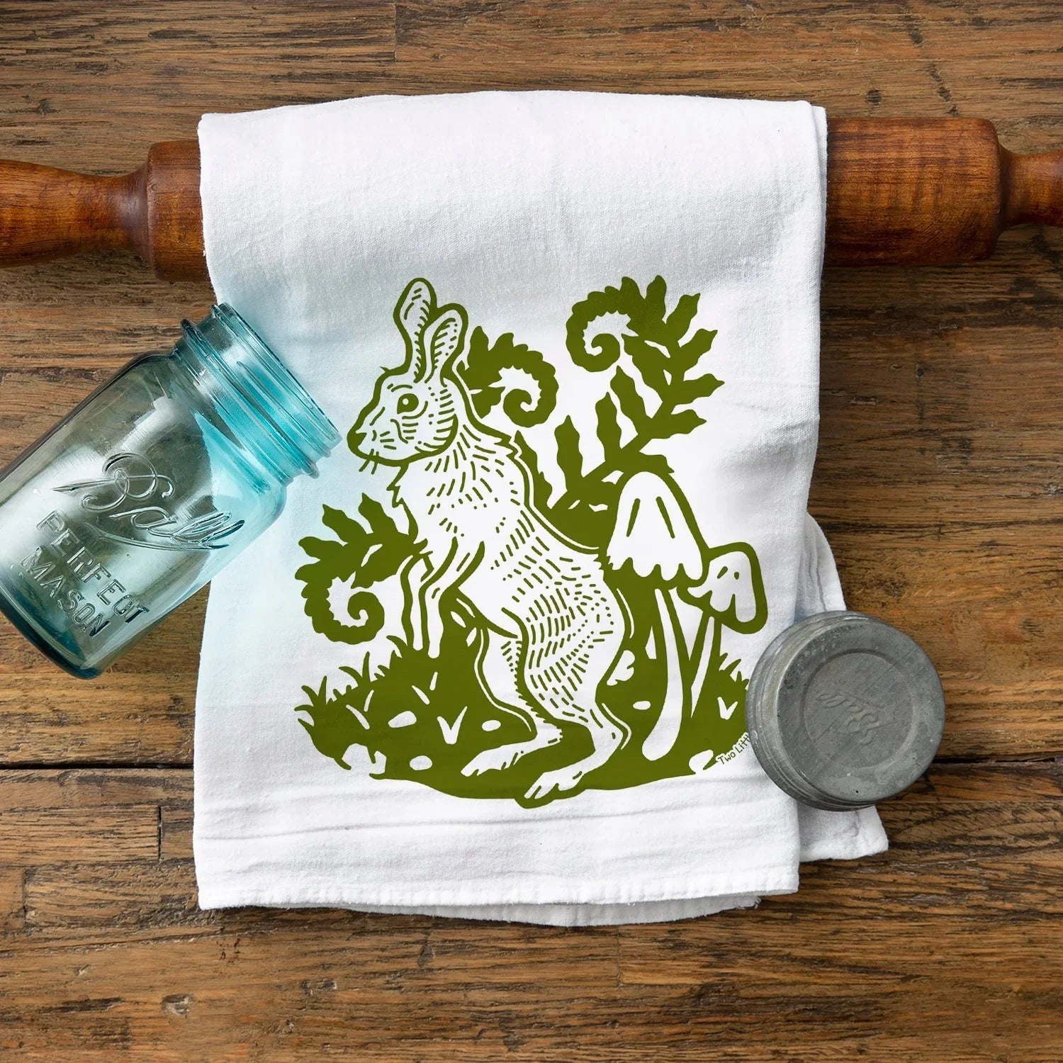 Rabbit illustrated tea towel by Two Little Fruits