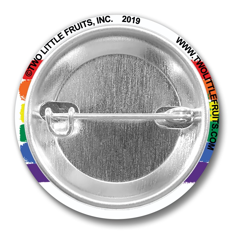 Back view of the rainbow bear pin, showing the pin clasp and the Two Little Fruits branding around the edge.