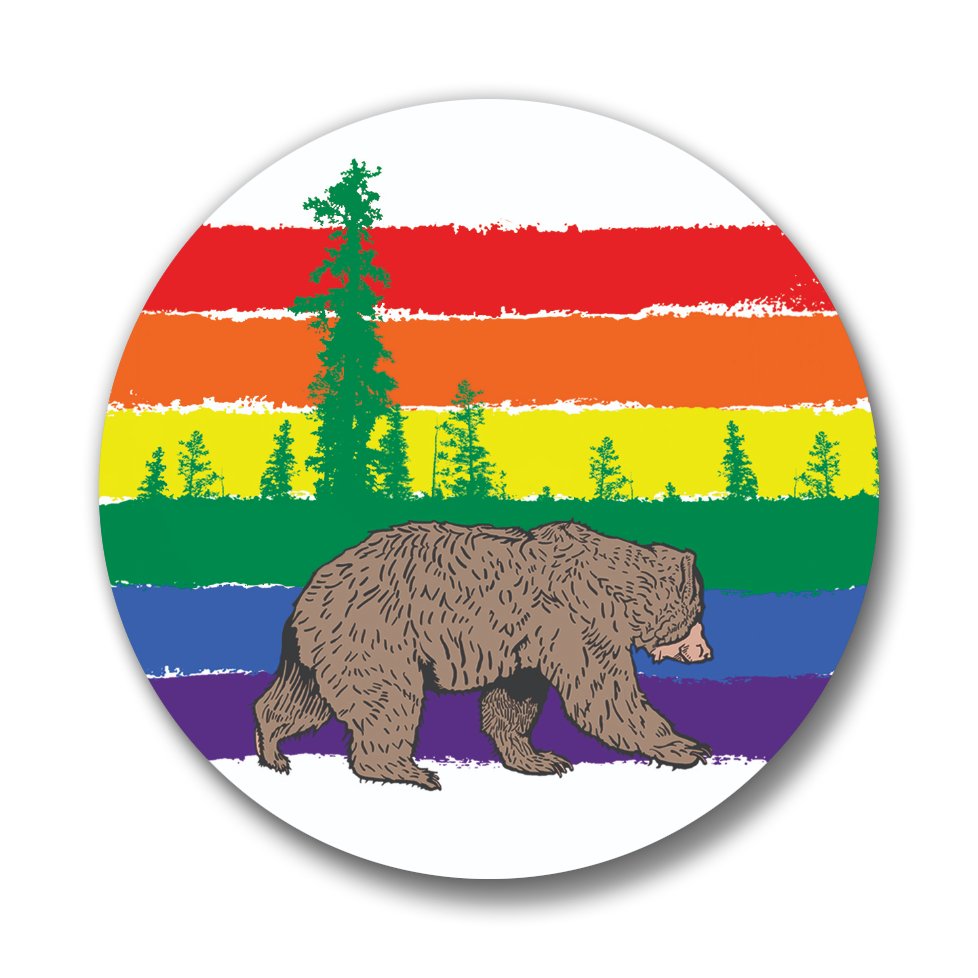 Close-up of the rainbow bear pin featuring a bear walking in a colorful landscape with rainbow stripes in the background.