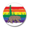 Close-up of the rainbow bear pin featuring a bear walking in a colorful landscape with rainbow stripes in the background.