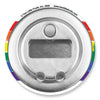 The metallic back of a gay pride bottle opener with a vibrant rainbow border, emphasizing durability and style.